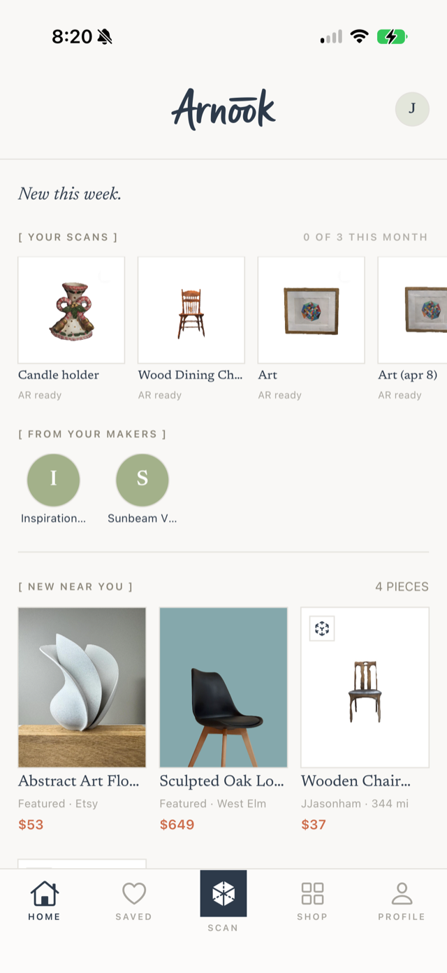 Arnook home feed with your scans and items near you