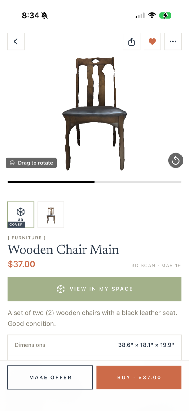 A wooden chair captured in 3D with a View in My Space button