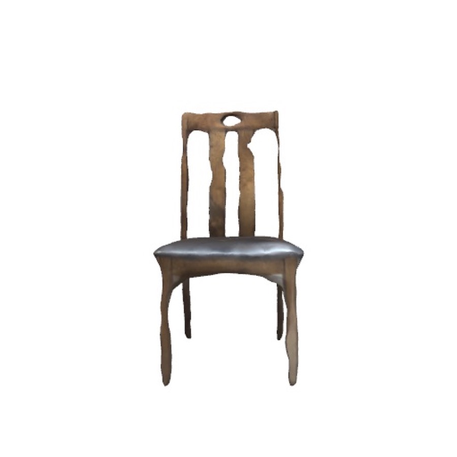 A wooden dining chair with a dark leather seat, captured in 3D against a plain background